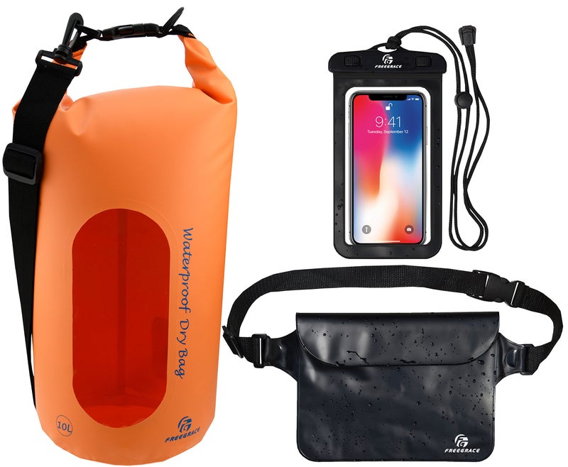 Freegrace Waterproof Dry Bags Set of 3 Dry Bag with 2 Zip Lock Seals & Detachable Shoulder Strap, Waist Pouch & Phone Case - Can Be Submerged Into Water - for Swimming (Orange(Window), 5L) - Image 1